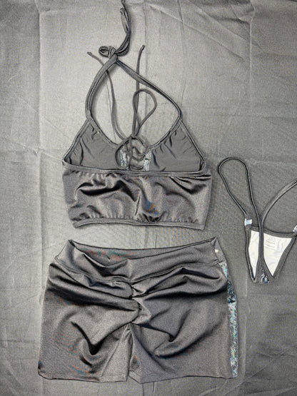 Metallic Black Sports Bra/Shorts Two-Piece Lingerie Outfit