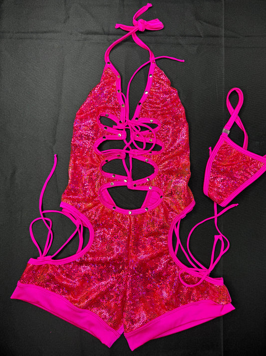 Hot Pink/Metallic Pink Scale One-Piece Romper Lingerie Outfit