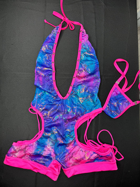 Blue Fish Scales/Hot Pink Spandex One-Piece Exotic Dancer Outfit