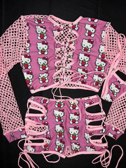 Baby Pink Kitty/Fishnet Spandex Two-Piece Lingerie Outfit