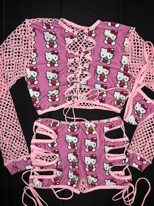 Baby Pink Kitty/Fishnet Spandex Two-Piece Lingerie Outfit