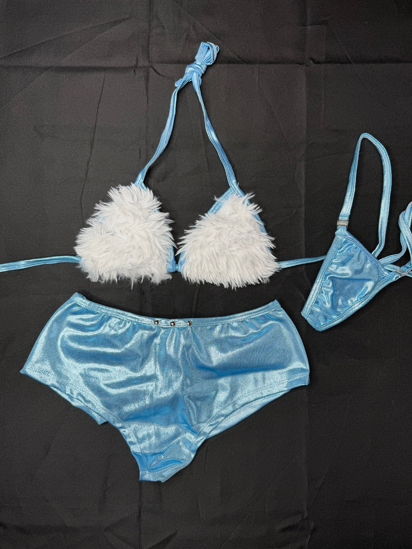 Metallic Blue/White Fur Three-Piece Shorts With Hat Lingerie Outfit