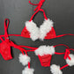 Red Mesh/Metallic Spandex Three-Piece Christmas Hoodie Bikini Lingerie Outfit