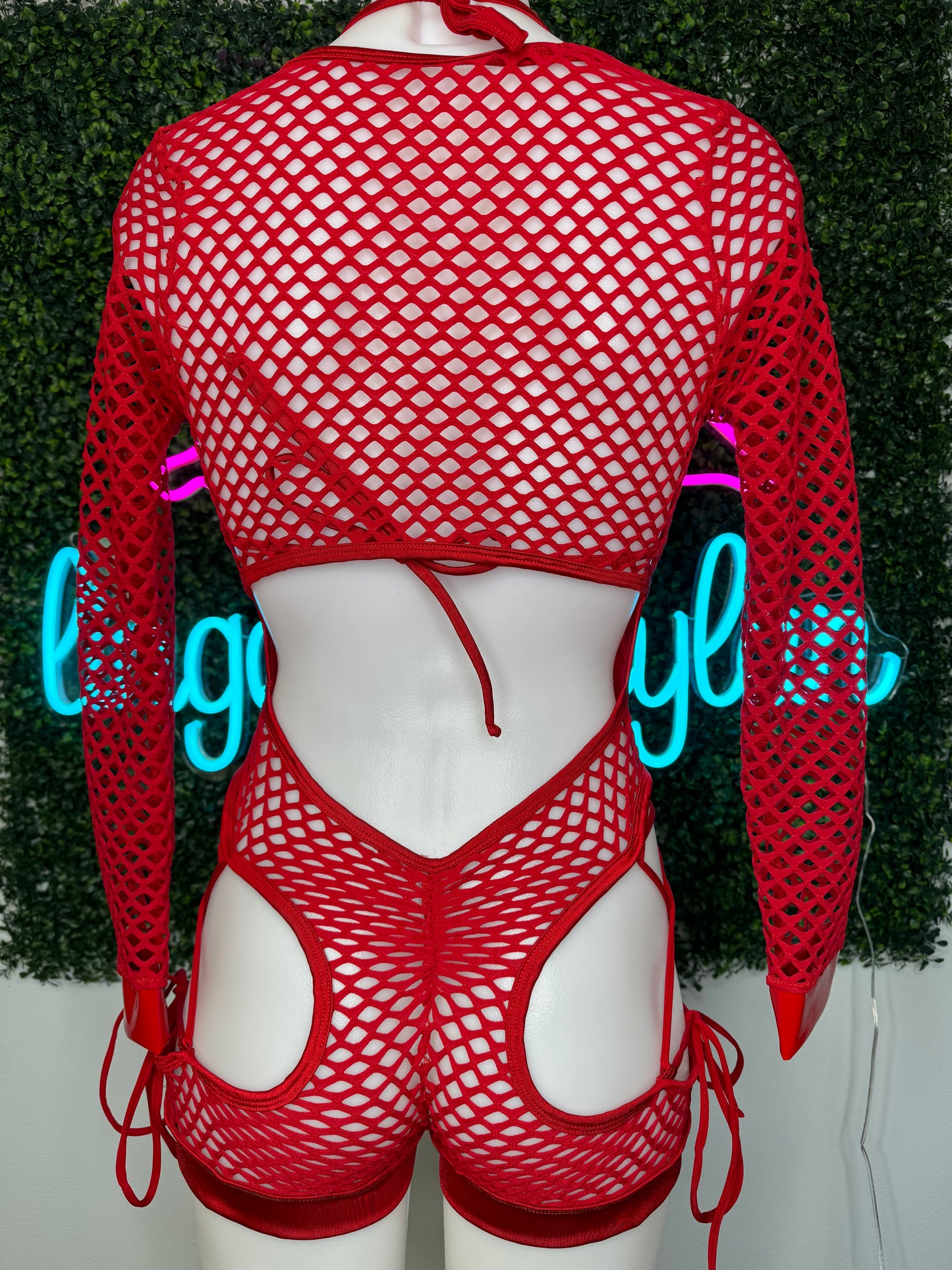 Red Latex/Fishnet Bartender Romper Outfit