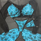 Blue Spandex/Black Mesh Long Sleeve Two-Piece Silicone String Bottoms Lingerie Outfit