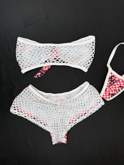 Red/White Plaid Spandex/Fishnet Two-Piece Lingerie Outfit