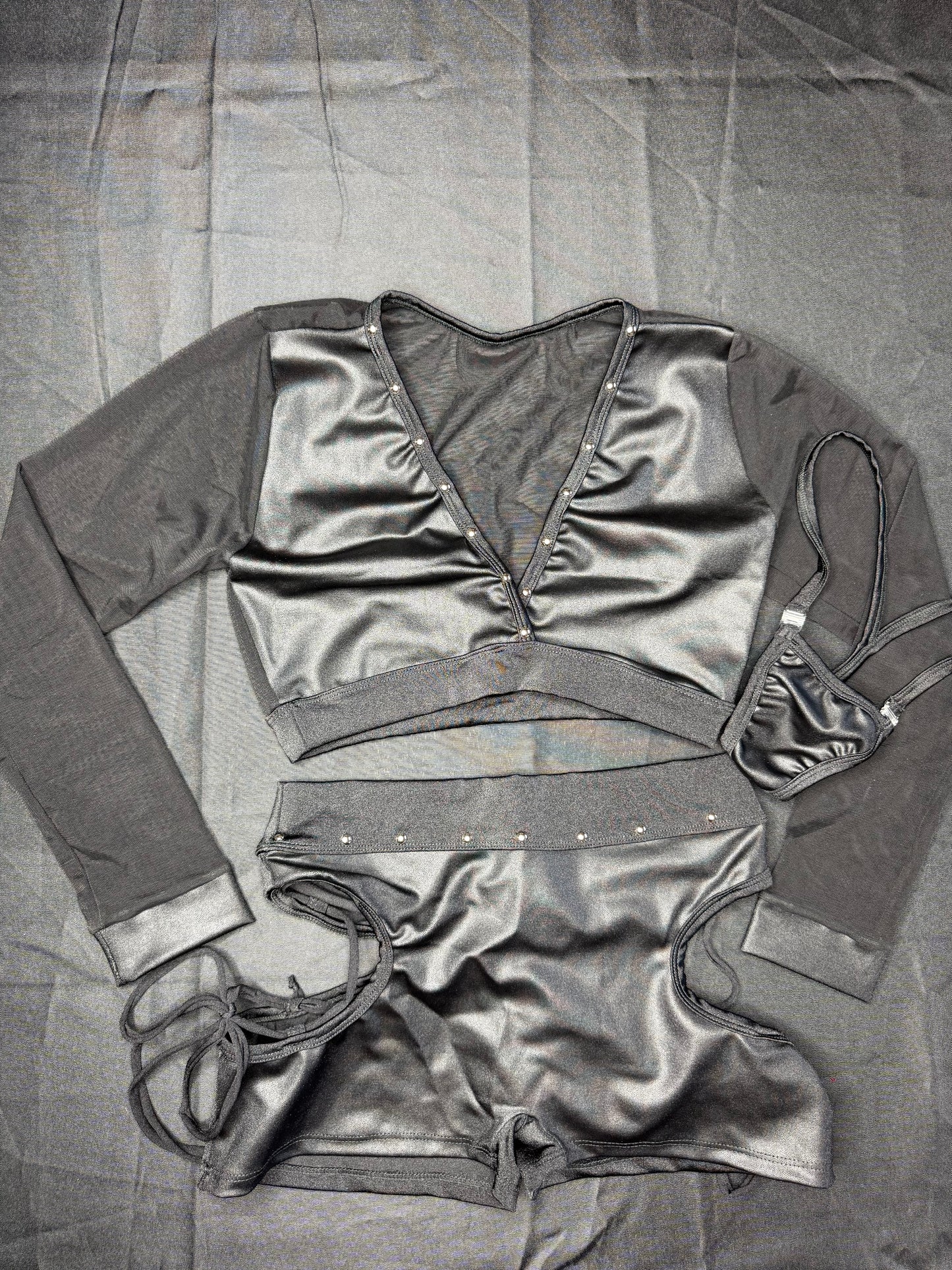 Matte Black Spandex/Black Mesh Long Sleeve Two-Piece Shorts Lingerie Outfit