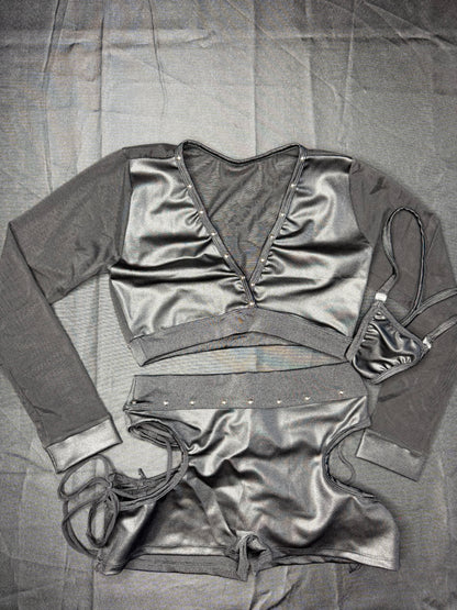 Matte Black Spandex/Black Mesh Long Sleeve Two-Piece Shorts Lingerie Outfit