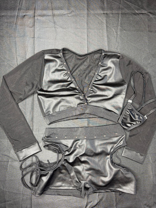 Matte Black Spandex/Black Mesh Long Sleeve Two-Piece Shorts Lingerie Outfit