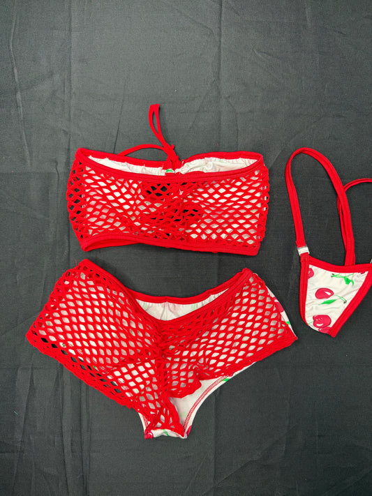 White/Red Cherry Spandex Tube-Top/Shorts Two-Piece Lingerie Outfit