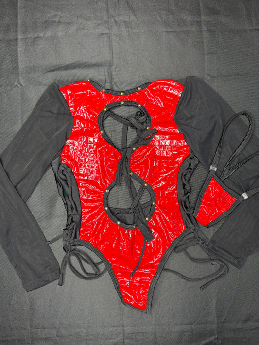 Red Latex/Black Spandex/Mesh Leotard One-Piece Lingerie Outfit