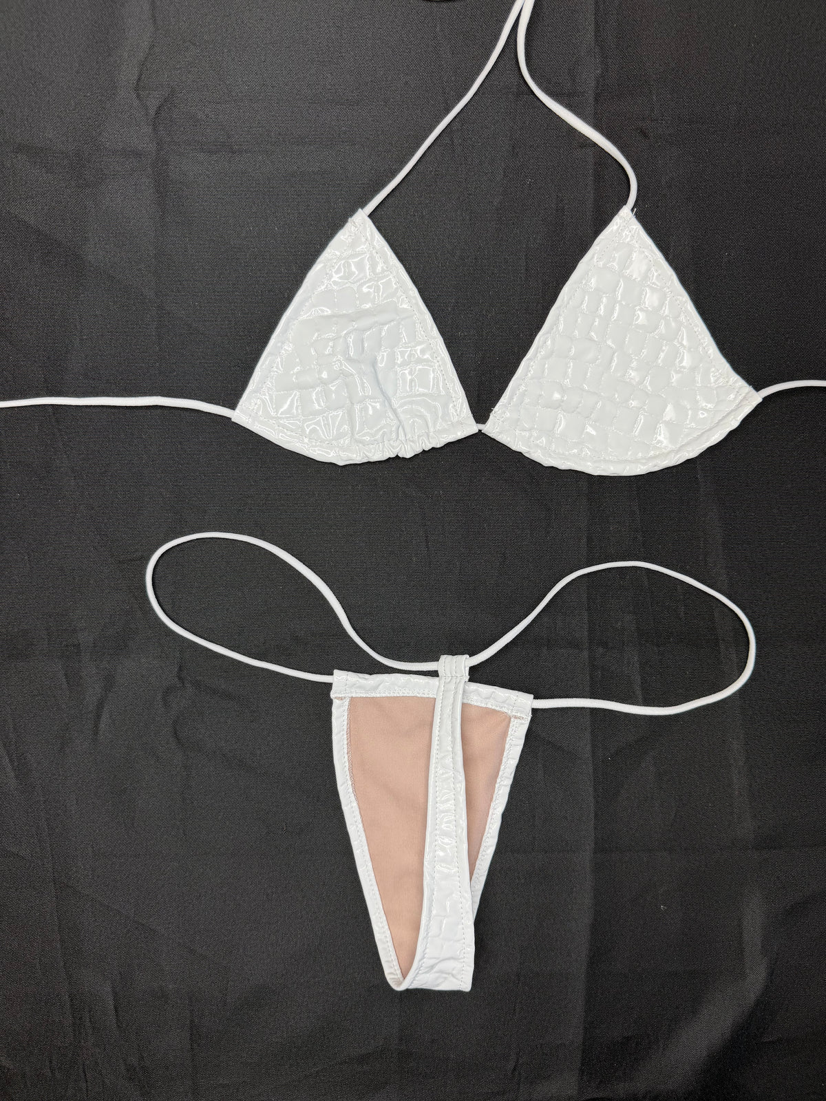 White Crocodile Animal Print Vinyl Micro Bikini Lingerie Outfit