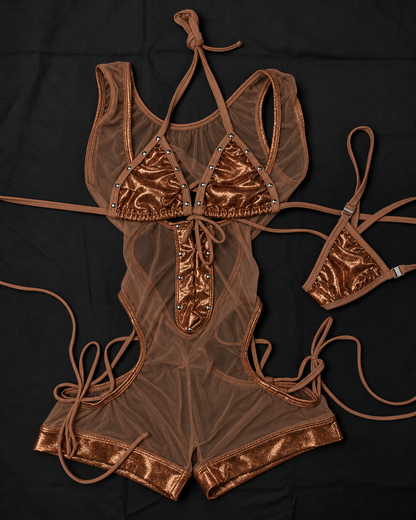 Chocolate Brown Mesh/Spandex Cutout Romper Lingerie Outfit
