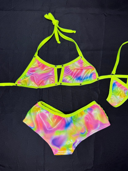 Neon Yellow/Rainbow Spandex Two-Piece Shorts Lingerie Outfit