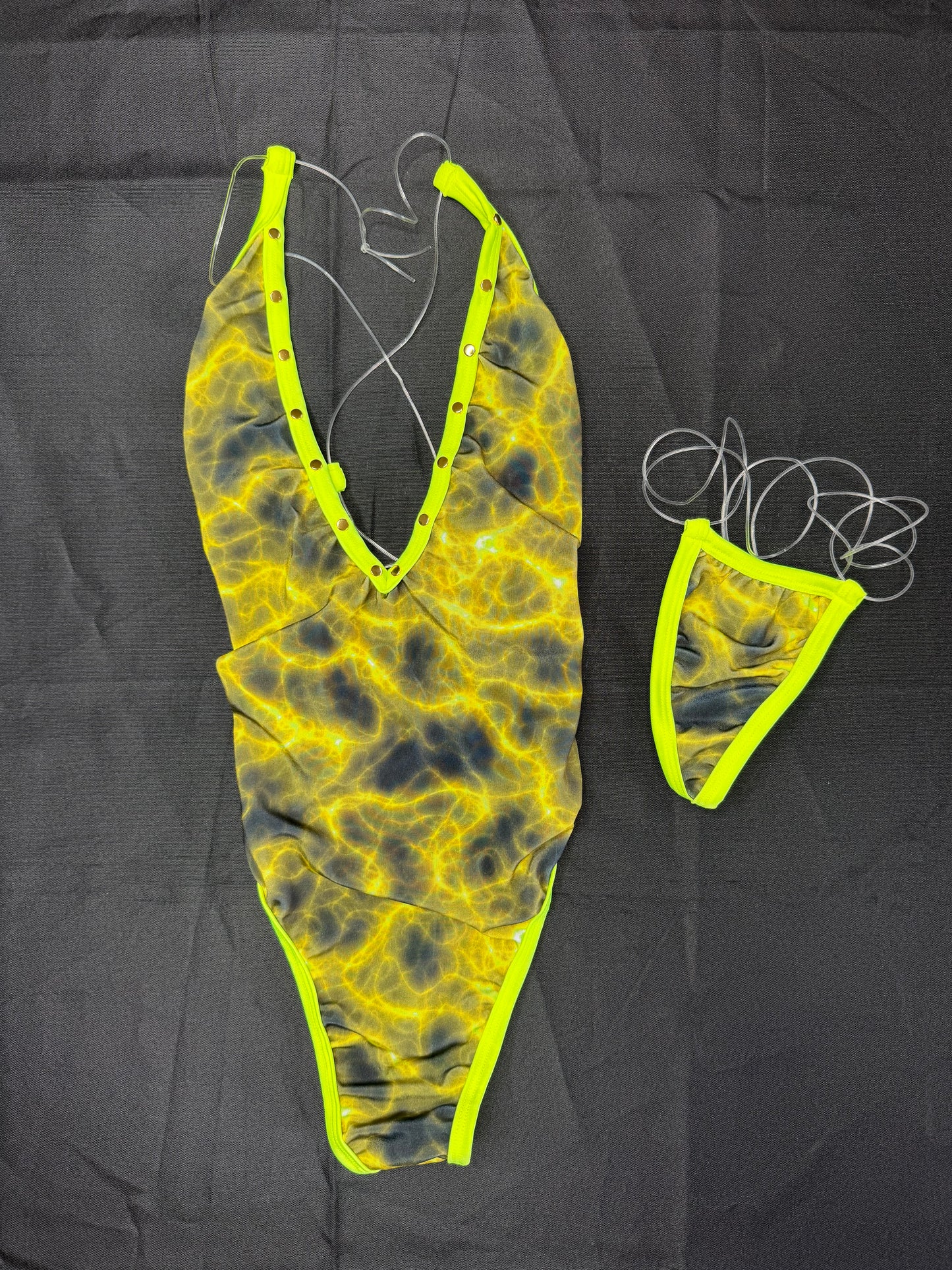 Neon Yellow Print One-Piece Lingerie Outfit