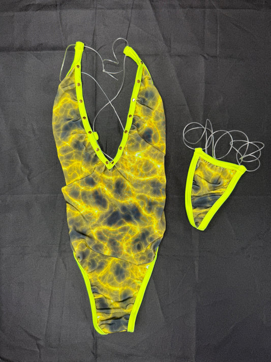 Neon Yellow Print One-Piece Lingerie Outfit