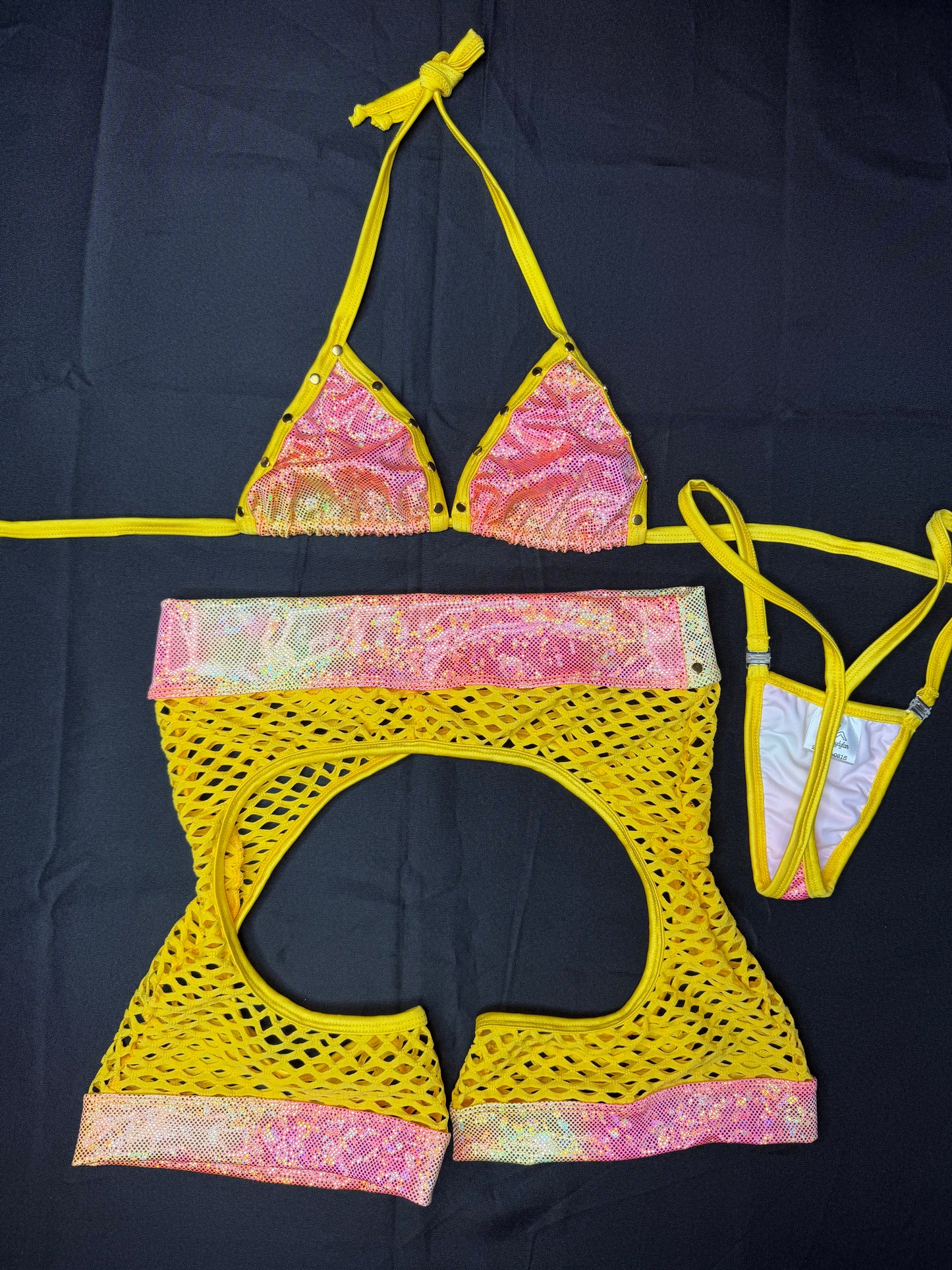 Daffodil Yellow Fishnet/Metallic Yellow/Pink Ombré Chap Shorts Lingerie Outfit