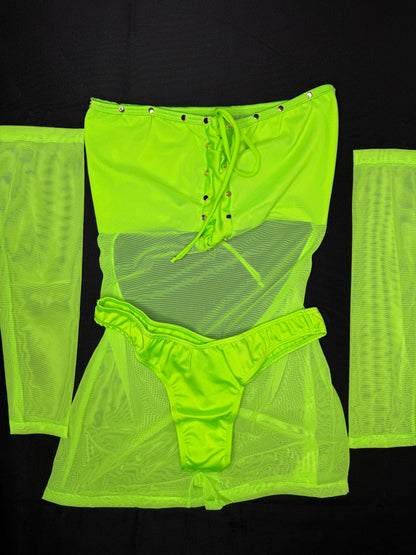 Neon Green Mesh Three-Piece Cheeky Thong/Sleeves Lingerie Outfit
