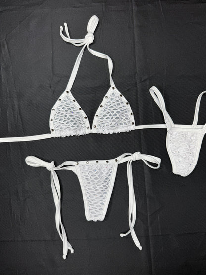 White Mesh/Fishnet Spandex Two-Piece Bikini Lingerie Outfit