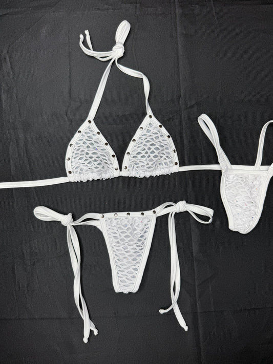White Mesh/Fishnet Spandex Two-Piece Bikini Lingerie Outfit