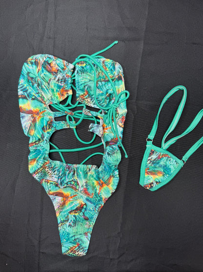 Turquoise/Aqua Butterfly Holographic One-Piece Lingerie Outfit