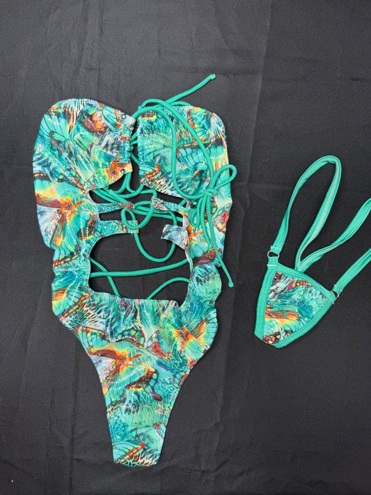 Turquoise/Aqua Butterfly Holographic One-Piece Lingerie Outfit