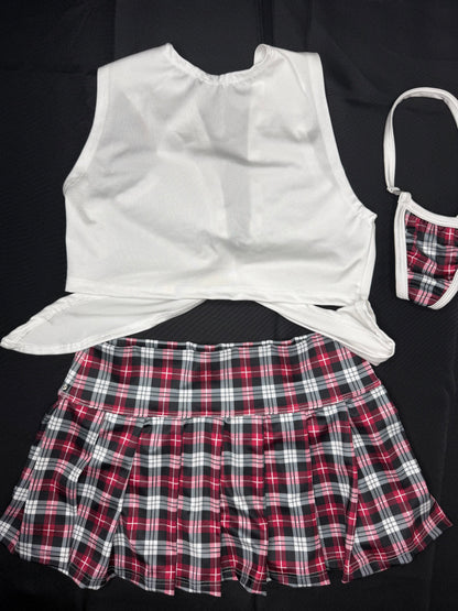 White Tie Top/Plaid Skirt School Girl Two-Piece Lingerie Outfit