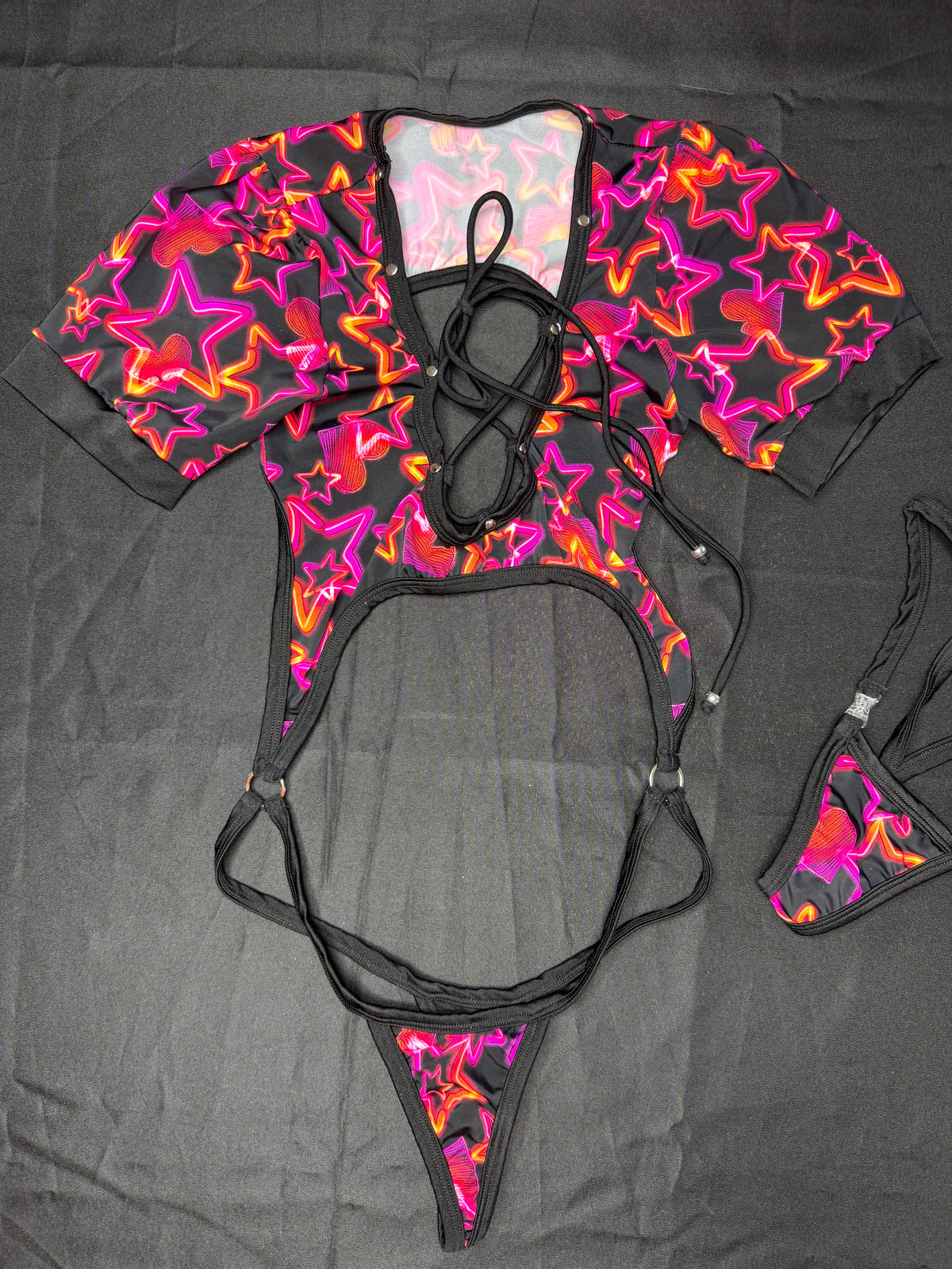 Star Print/Black Spandex Short Sleeve Sling-Shot One-Piece Lingerie Outfit