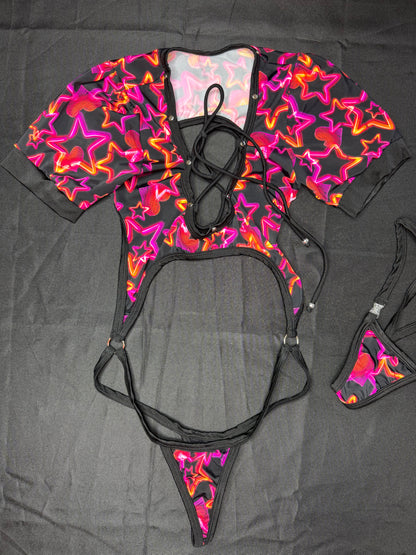 Star Print/Black Spandex Short Sleeve Sling-Shot One-Piece Lingerie Outfit