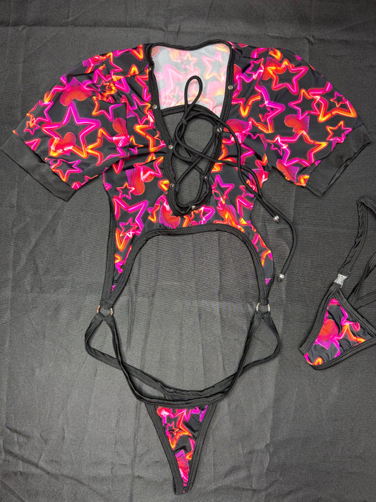 Star Print/Black Spandex Short Sleeve Sling-Shot One-Piece Lingerie Outfit