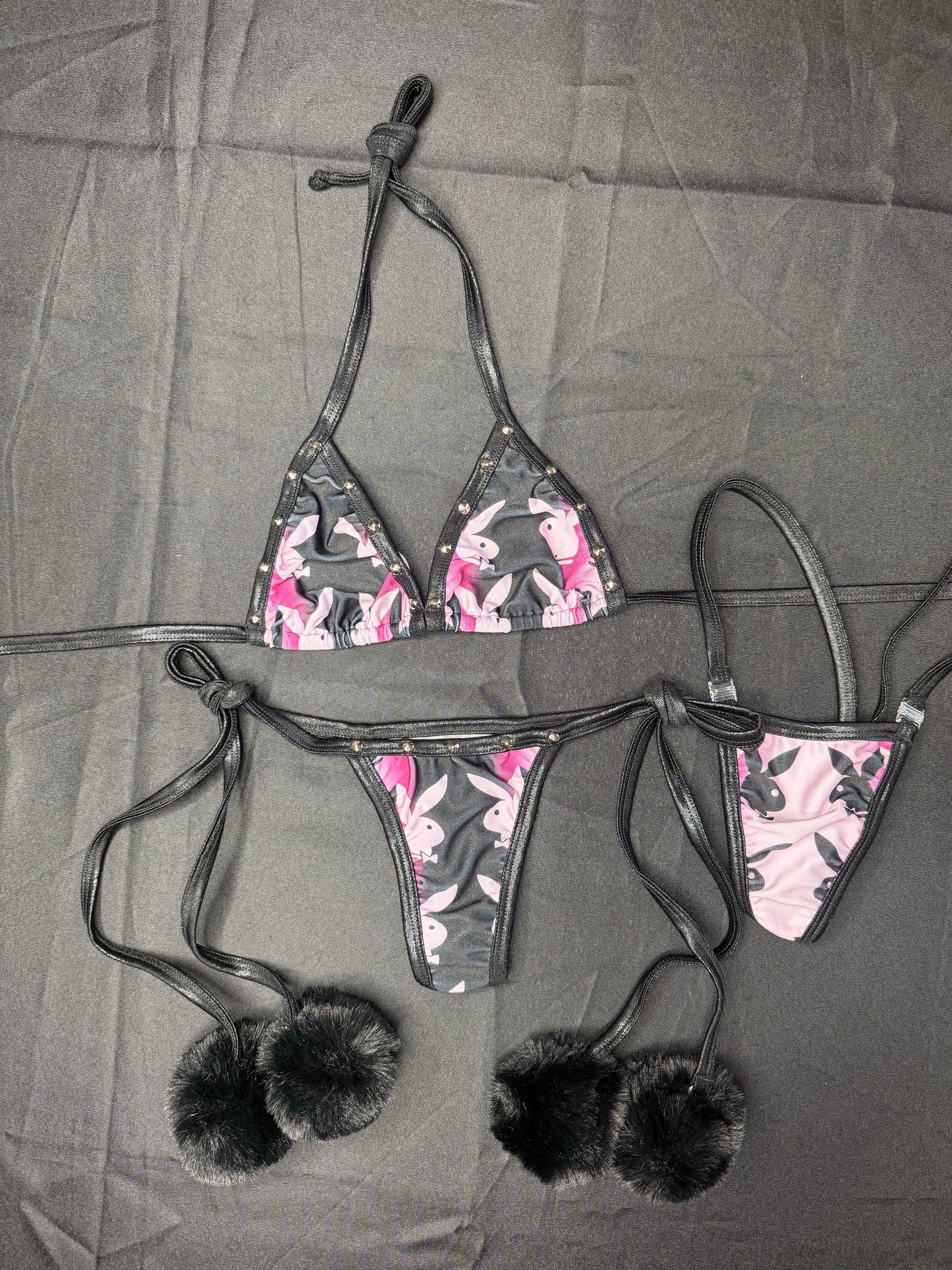 Black Bunny Spandex/Faux Fur Two-Piece Bikini Lingerie Outfit