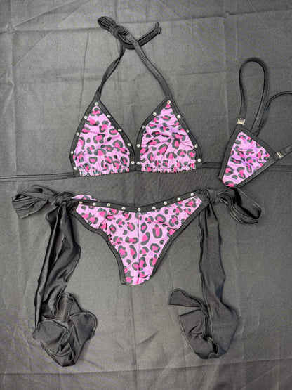 Pink Animal Print/Black Spandex Bikini Lingerie Outfit