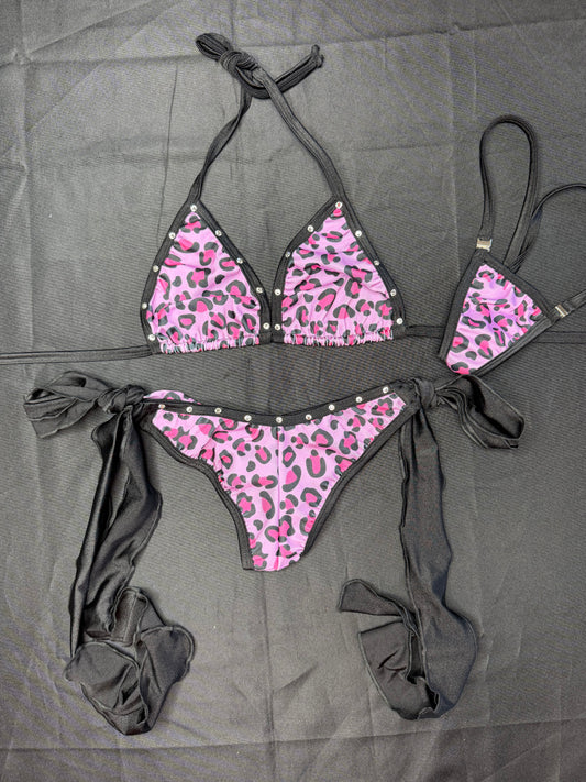 Pink Animal Print/Black Spandex Bikini Lingerie Outfit