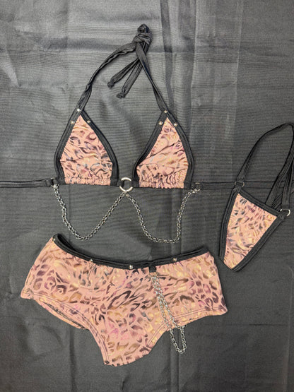 Cheetah Print Spandex Bikini Top/Shorts Chains Two-Piece Lingerie Outfit