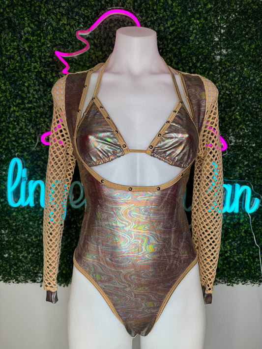 Oil Spill Beige Leotard Lingerie Outfit