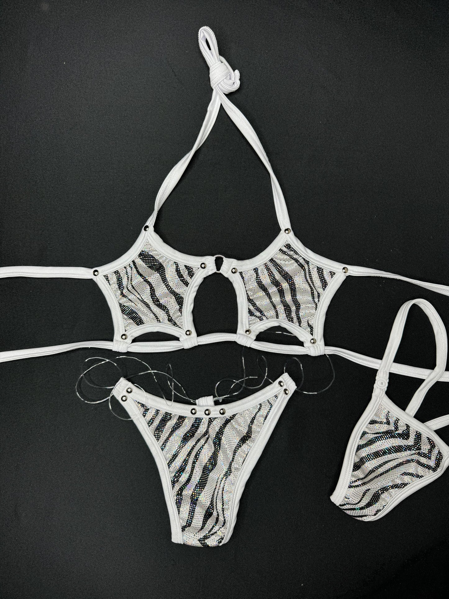 Metallic White Tiger Print Two-Piece Star Top Bikini Lingerie Outfit