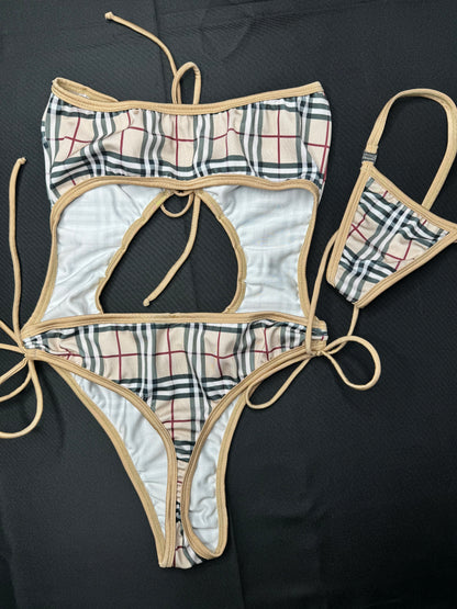 Tan Plaid One-Piece Lingerie Outfit Exotic Dance Wear Strippers' Delight