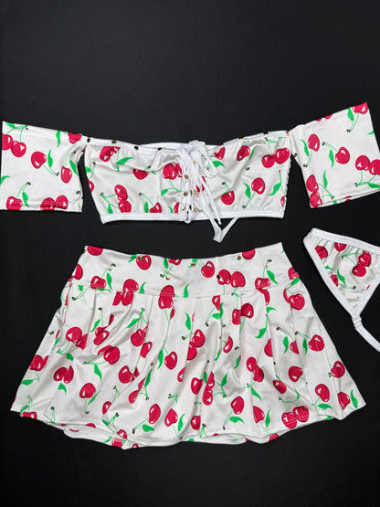 White Cherry Short Sleeve Tube Top/Skirt Two-Piece Lingerie Outfit