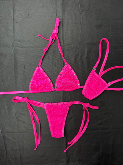 Hot Pink Spandex/Lace Two-Piece Bikini Lingerie Outfit