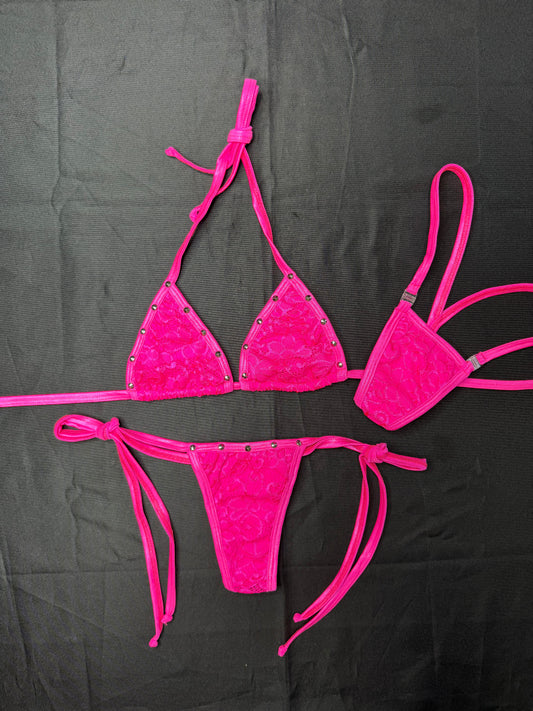Hot Pink Spandex/Lace Two-Piece Bikini Lingerie Outfit