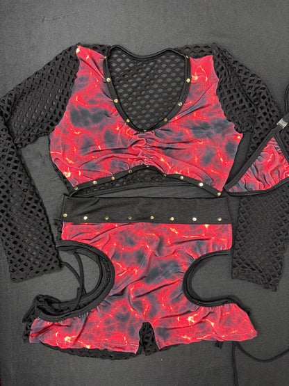 Cosmic Red/Black Spandex Fishnet Two-Piece Lingerie Outfit