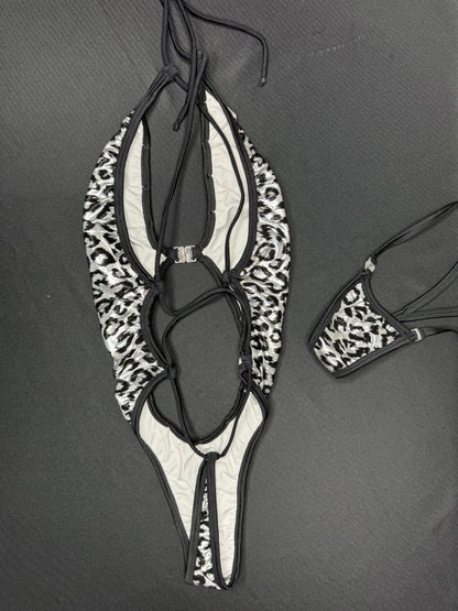 Silver Cheetah Animal Print One-Piece Lingerie Outfit