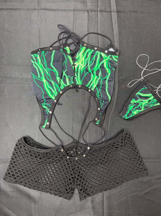 Green Lightning Print/Black Spandex One-Piece Lingerie Outfit