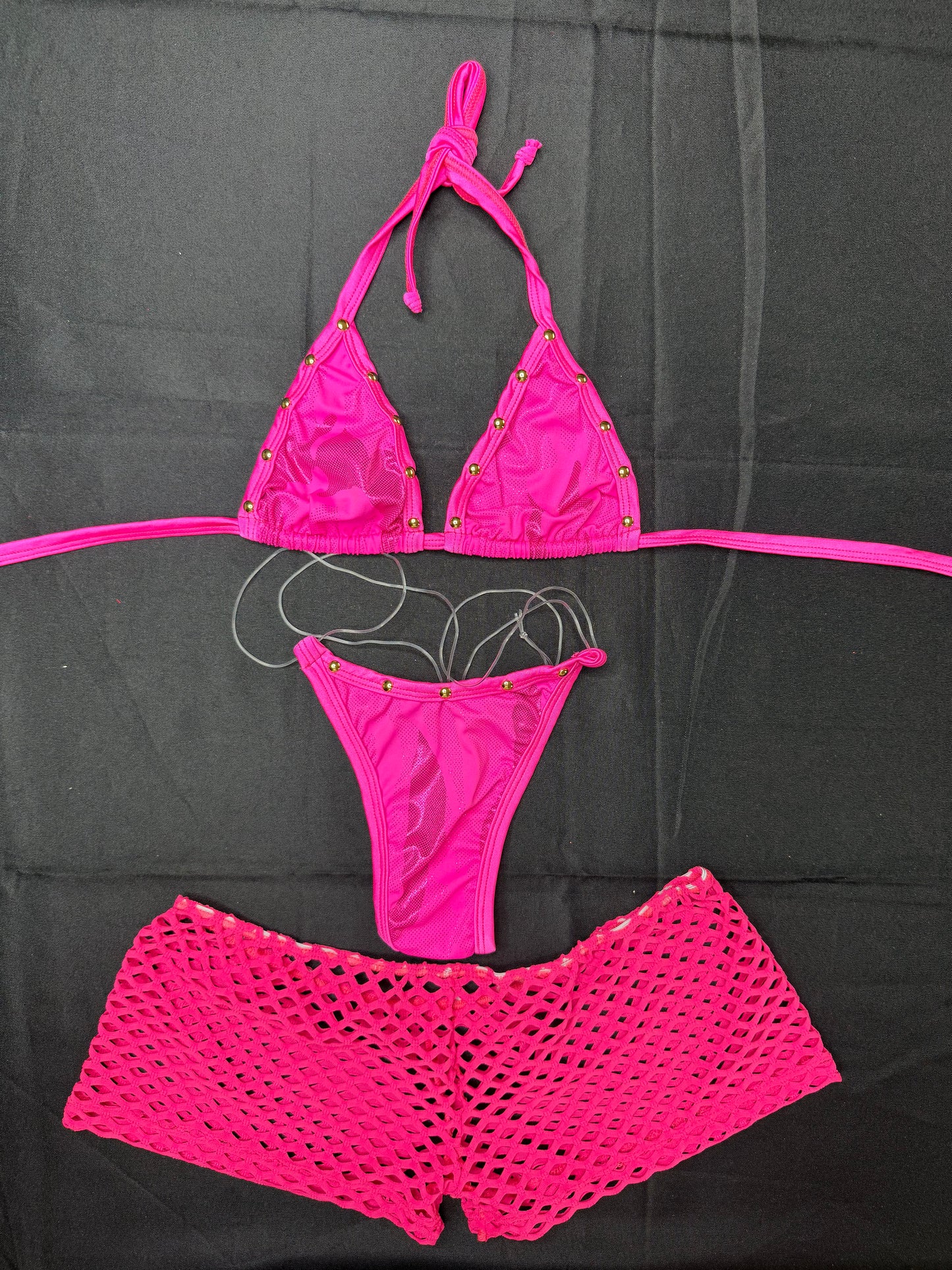 Hot Pink Spandex Bikini Top/Thong & Shorts Three-Piece Lingerie Outfit