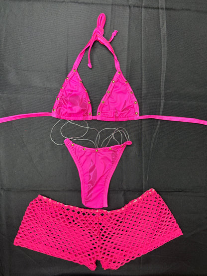 Hot Pink Spandex Bikini Top/Thong & Shorts Three-Piece Lingerie Outfit