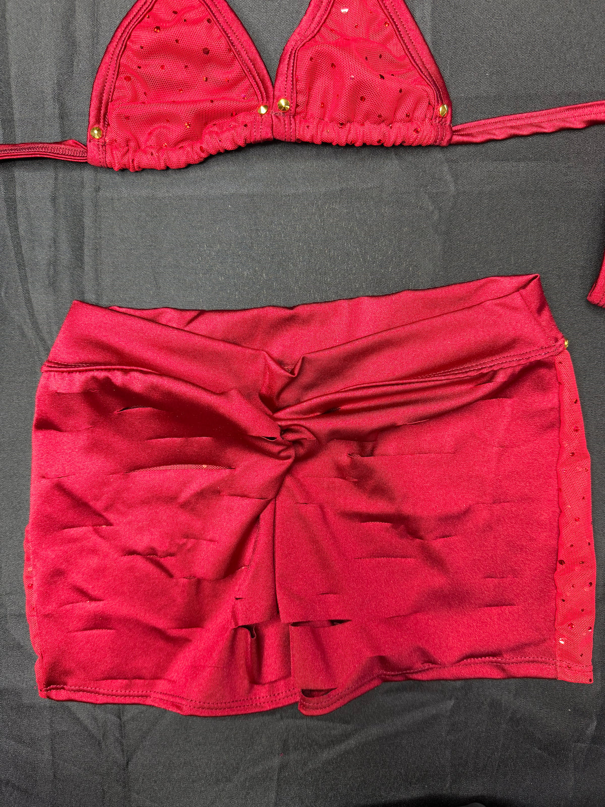 Red Mesh/Burgundy Spandex Two-Piece Shorts Lingerie Outfit