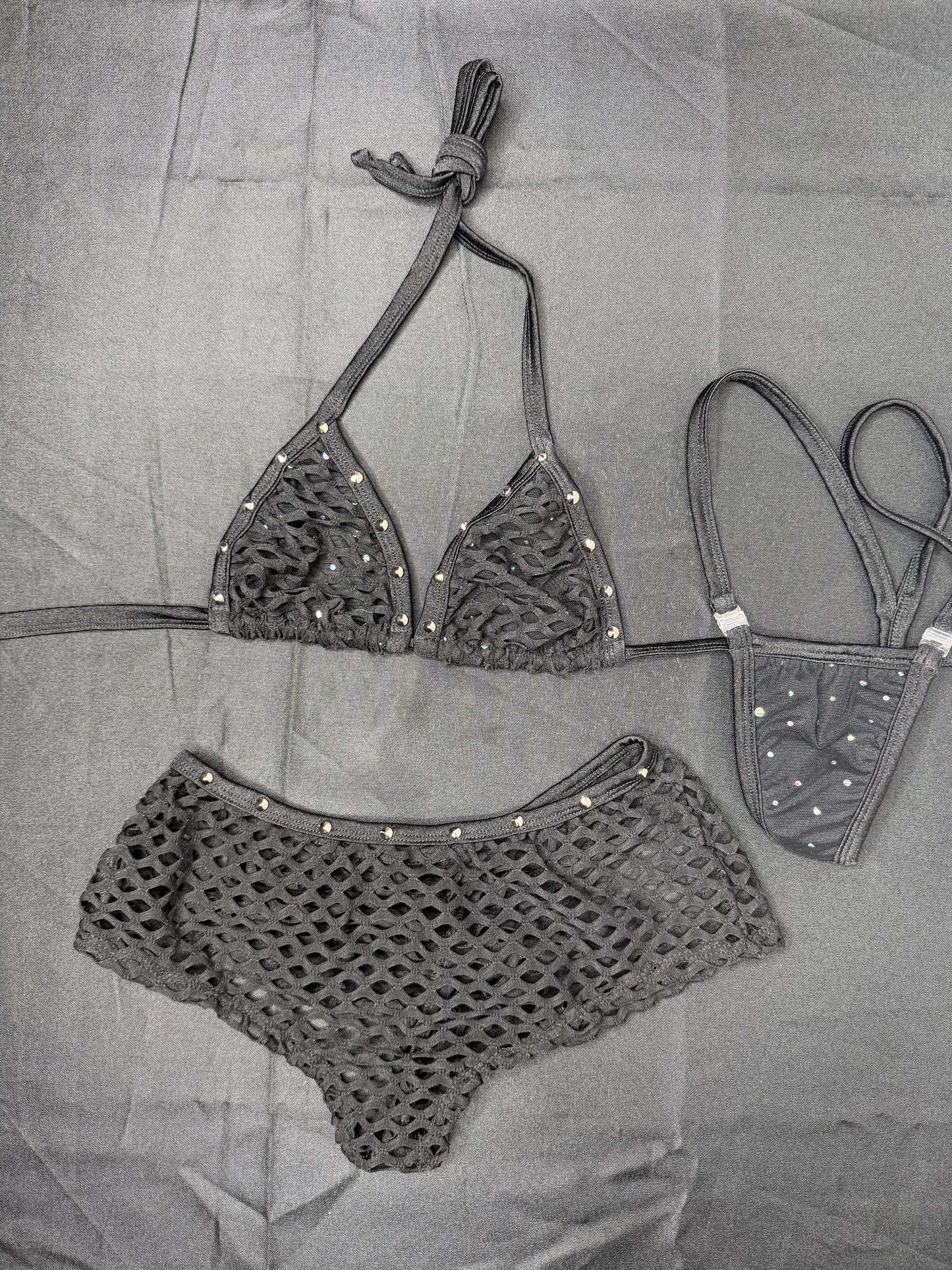 Black Fishnet Spandex Bikini Top/Shorts Two-Piece Lingerie Outfit