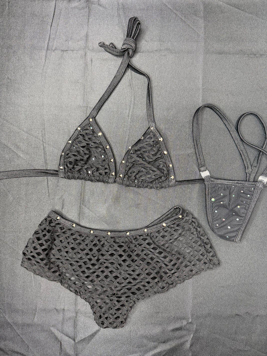 Black Fishnet Spandex Bikini Top/Shorts Two-Piece Lingerie Outfit