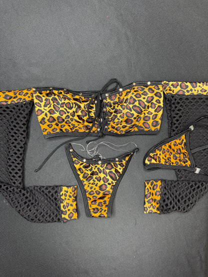 Cheetah Animal Print Black Long Sleeve Fishnet Spandex/Silicone String Bottoms Two-Piece Lingerie Outfit