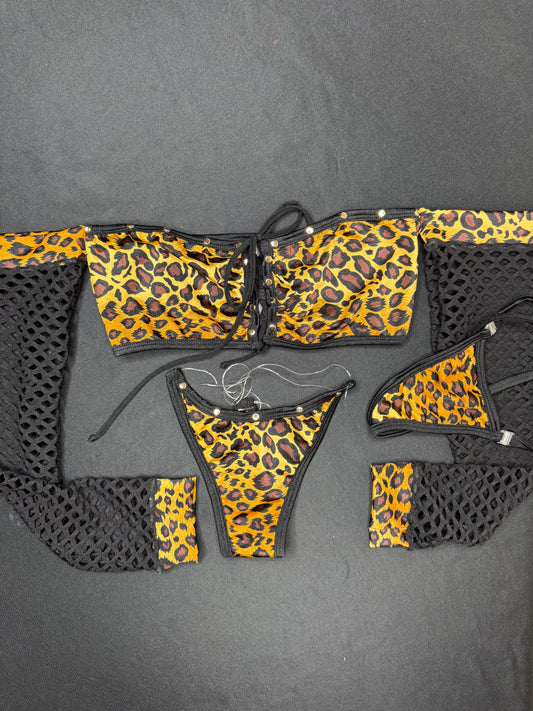 Cheetah Animal Print Black Long Sleeve Fishnet Spandex/Silicone String Bottoms Two-Piece Lingerie Outfit